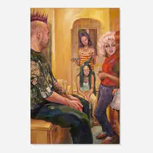 Haircut by Natalia Fabia, 2005, oil and collage on panel, sold Mar 2025