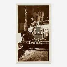 Jacques Henri Lartigue, Renée Perle Leaning on Automobile, Paris, c. 1930, vintage gelatin silver print