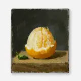 Robert Kulicke, Half-Peeled Orange with a Leaf on a Dark Grey Background