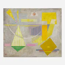 Werner Drewes, Composition # 209 (Yellow Composition on Gray), 1939, oil on canvas
