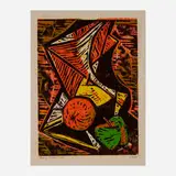 Josef Zenk, Bag of Fruit, woodcut in colors