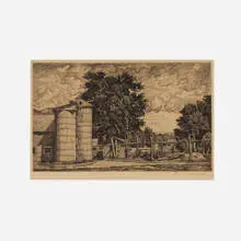 Two Silos by Luigi Lucioni, etching, sold Nov 2023