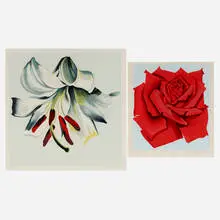 Red Rose; White Lily (two works from The Stamps series) by Lowell Nesbitt, screenprint in colors, sold Nov 2023