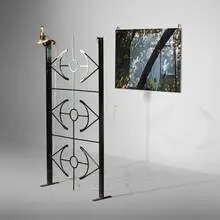 Josef Strau, Redemption, Fences and Appearance of the Coming Flowers, 2013, painted and varnished iron fence, brass and ceramic chandelier arm, C-print mounted to Dibond with metal U's