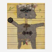 Enrico Baj, He is Happy with His Playthings, c. 1965, mixed media collage on fabric