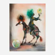 Karl Priebe, Calico Animal with Juggler, 1969, casein on paper
