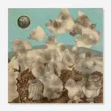 Julia Thecla, Children's Halloween, 1965, fumage, tempera, graphite, colored pencil and collage on Strathmore laid to Masonite