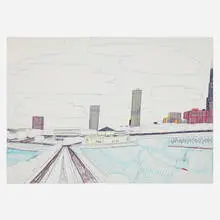 Wesley Willis, Untitled (Chicago scene), 1987, ballpoint pen, marker and colored pencil on Crescent board