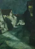 Continental School, Village in Moonlight, Oil on canvas