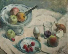Prosper Rotge, Still Life with Apple Compote and Saucer of Cherries, Oil on canvas