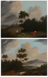 English School, Landscape with Cattle and City Views: a Pair