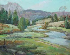 Caroline M. Bell, Riverscape with Mountain Vista, Oil on board