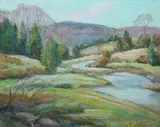 Caroline M. Bell, Riverscape with Mountain Vista, Oil on board