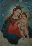Cuzco School, Virgin and Child, VIRGIN AND CHILD, oil on tin