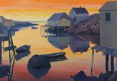 Emil Lindenfeld, Harbor at Dusk, Oil on canvas