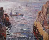 Dines Carlsen, BOATS NEAR COASTAL ROCKS, estate stamp on verso, Oil on board