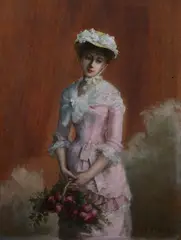 Fanny Laurent Fleury, French Beauty in Pink with Basket of Roses, Oil on panel