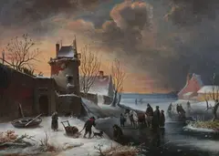 F. Thonnard, Winter Village Scene, Oil on canvas