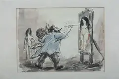Aaron Sopher, Artist Painting Model, Ink and watercolor on paper