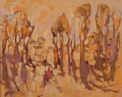 John Clifford Erickson, Couple Walking Through Park in Autumn, Oil on canvas