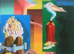 Peter Djordjevic, VIEW FROM THE CEDARS ON A CLEAR DECEMBER NIGHT and PELICAN IN RED COAT: TWO WORKS, first, Acrylic on glass