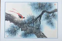 R. McLean, BIRD ON PINE TREE, singed lower left, Watercolor