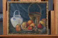 M. J. Bulkalt, Still Life with Peaches and Pitchers, Oil on board