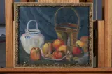 M. J. Bulkalt, Still Life with Peaches and Pitchers, Oil on board
