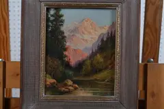 Gerald Fox, River Landscape with Snow-Capped Mountain, RIVER LANDSCAPE WITH SNOW-CAPPED MOUNTAIN, oil on board
