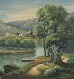Caroline Coventry Haynes, Grandfather and Child by a Riverside Dock, Oil on board