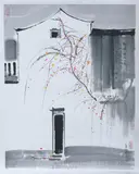 Wu Guanzhong, Untitled, SMALL COTTAGE, ink and color on paper scroll, signed