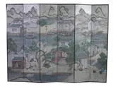 Anonymous, Untitled, RIVERSCAPE, ink and color on six-fold paper screen. - Each panel: 7 ft. x 18 in