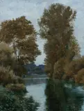 Albert Mauguiere, Along a River in Clamecy, Oil on panel