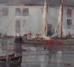 Harbor with Sailboats by Arnold E. Turtle, Oil on board, sold Feb 2011