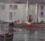 Arnold E. Turtle, Harbor with Sailboats, Oil on board
