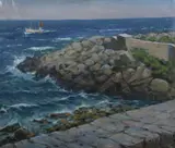 Paul Sinding, Schooner Along Rocky Shore, Oil on canvas