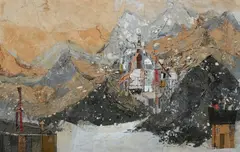 Sam Fischer, Mountain Village, Oil and collage on masonite