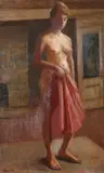 Standing Nude with Red Drape by American School, Oil on canvas, sold Feb 2011