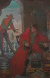 George Gibbs, The Jester and the Geographer, Oil on board