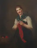 Knitting the Red Sweater by Continental School, Oil on canvas, offered Feb 2011