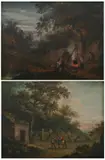 PEASANT FAMILY and AROUND THE CAMPFIRE: TWO WORKS by Continental School, PEASANT FAMILY and AROUND THE CAMPFIRE: TWO WORKS, oil on tin, sold Feb 2011