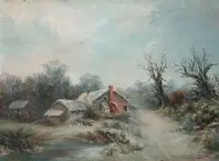 Frans Keelhoff, Cottage in Winter, Oil on board