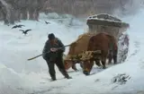 Alfred Plauzeau, Ox Cart in Snow, Oil on canvas