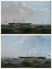 J. F. Argent, TWO-MASTED STEAM SHIP WITH DISTANT LIGHTHOUSE and STEAM SHIP WITH BUOY IN CHOPPY WATERS: TWO WORKS, each signed and dated 1879 lower left, Oil on board
