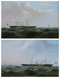 J. F. Argent, TWO-MASTED STEAM SHIP WITH DISTANT LIGHTHOUSE and STEAM SHIP WITH BUOY IN CHOPPY WATERS: TWO WORKS, each signed and dated 1879 lower left, Oil on board