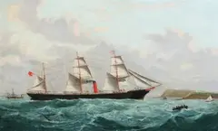 Thomas G. Purvis, Three-Masted Steam Yacht Off Coast, Oil on canvas