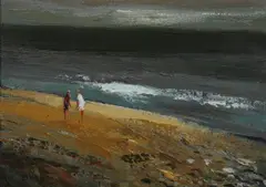 Donald McIntyre, Two Figures Grey Day, Oil on board