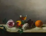 Still Life with Fruit by American School, ROSES AND WINE GLASS, oil on canvas, sold Feb 2011