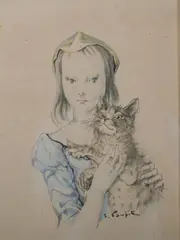 Léonard-Tsuguharu Foujita, Girl with Kitten, India ink and watercolor