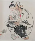 Liu Wenxi, Untitled, MAN AND CHILD, ink and color on paper scroll, signed and sealed, dated 1980